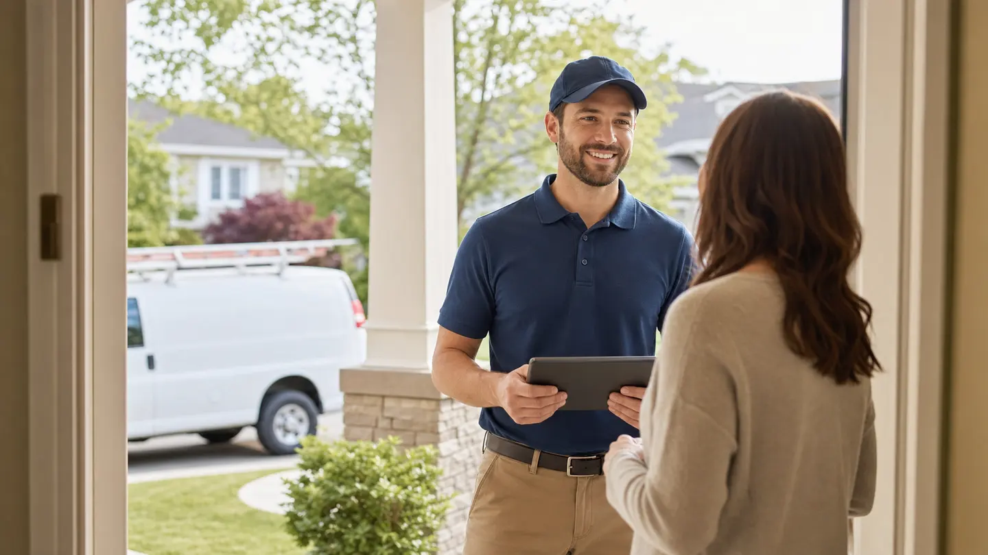 Home service technician speaking with a homeowner at the doorway